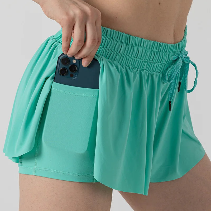Ladies 2 in 1 Double Layer Drawstrings Active Stretch Biker Shorts Running Sports Shorts with Hidden Pockets