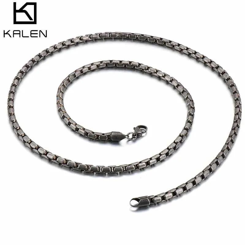 KALEN 670*4mm Stainless Steel Box Hollow Cubic Zirconia Initial Necklace Men Jewelry