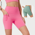 SHINBENE 7" High Waist Summer Fitness Shorts for Women Tummy Control Workout Shorts Pockets Solid Pattern Elastic Waist