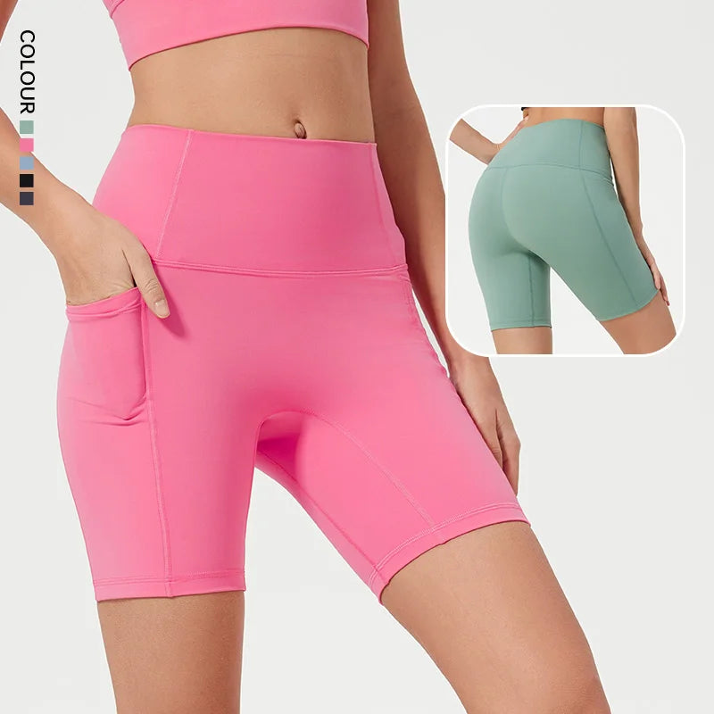 SHINBENE 7" High Waist Summer Fitness Shorts for Women Tummy Control Workout Shorts Pockets Solid Pattern Elastic Waist