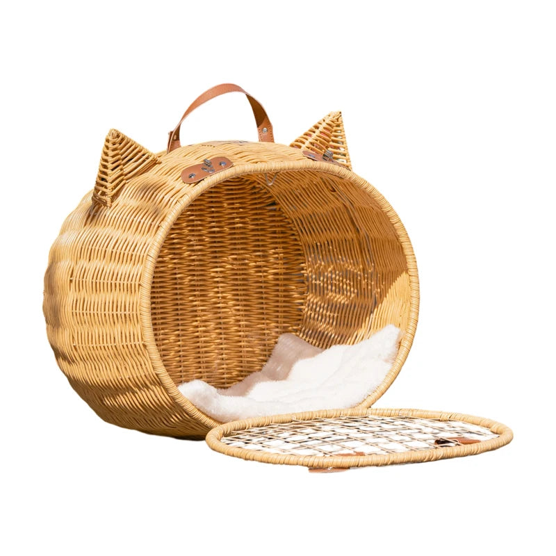 Lovely Design Cat Ear Style Cat Carrier Travel Bag Large Capacity Rattan Weaving Eco Friendly Pet Bags