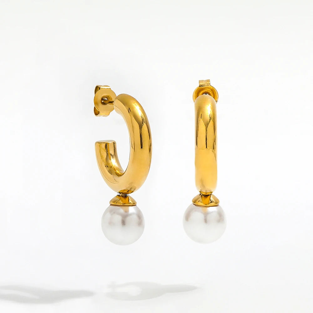 Joolim High End 18K Gold Plated Single Imitation Pearl Mini C Hoop Earrings Stainless Steel Jewelry for Women Wholesale