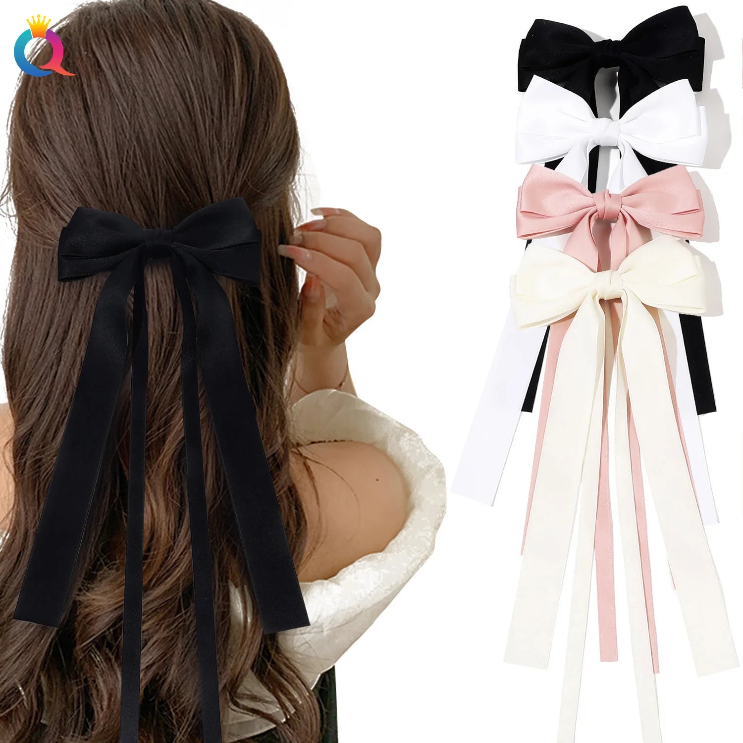 QIYUE Solid Color Hair Ribbon with Clip Hair Bows Long Double Tail