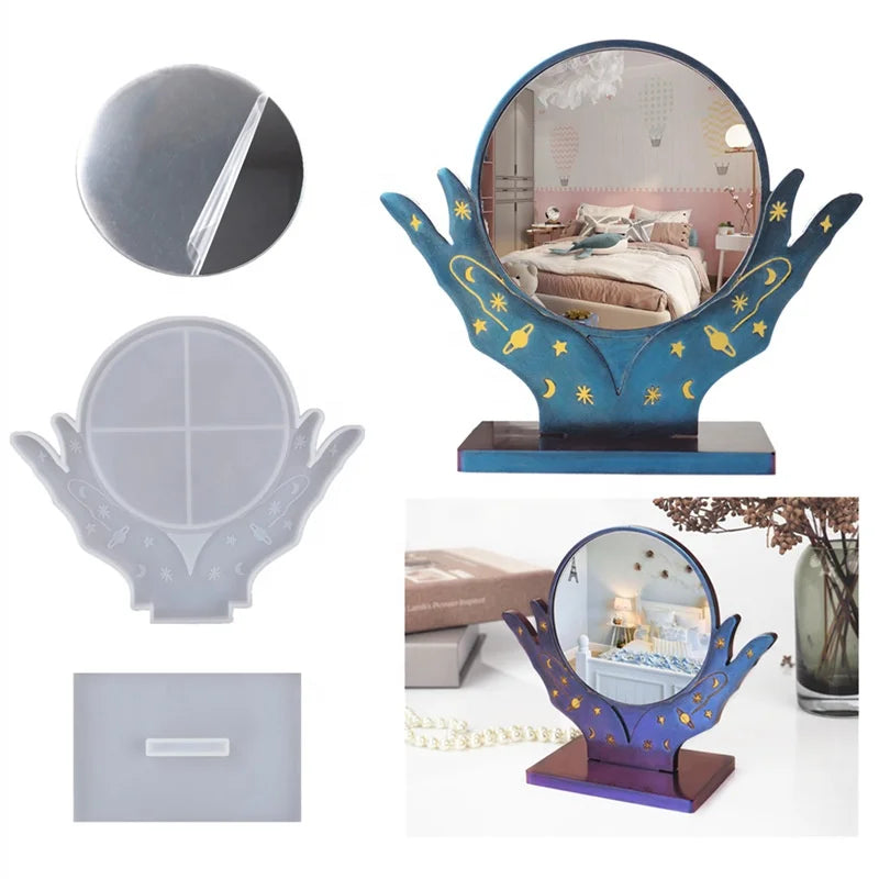 DIY Silicone Desktop Makeup Mirror Photo Frame Mold Crystal Epoxy Resin Cosmetic Hand Mirror Casting Kit Mould With Bracket