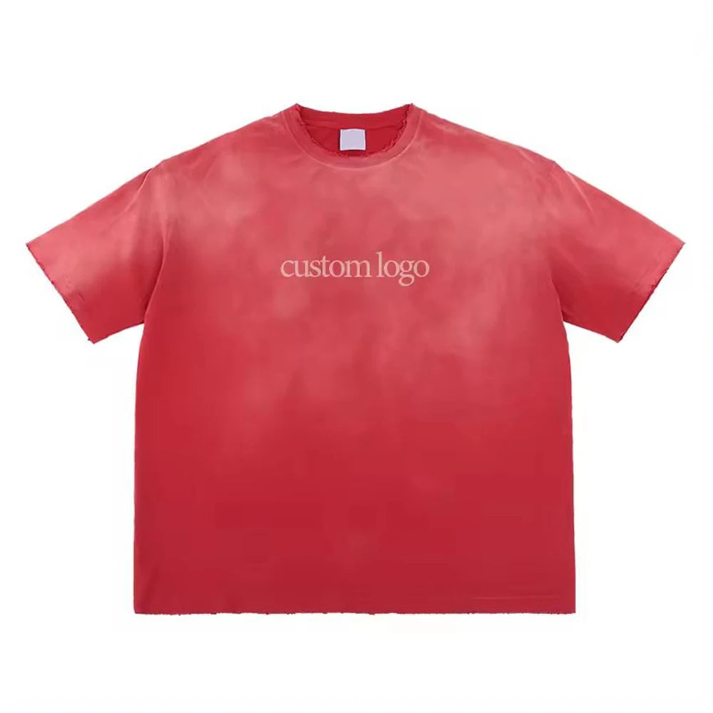 Custom Heavyweight Men's Wasted Gradient Breathable T-Shirts Summer Oversized Short-Sleeved O-Neck Tops 100% Cotton Knitted