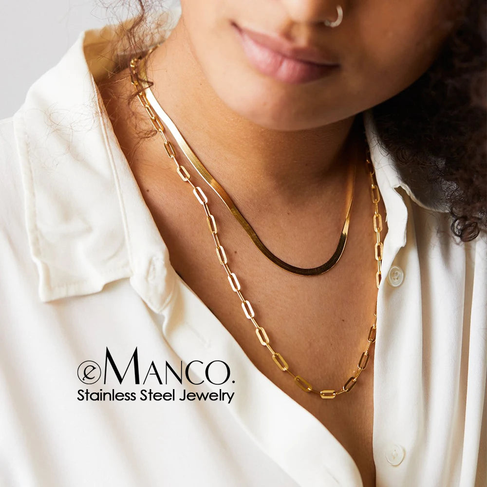 EManco Women's Certified Double Layer Trendy Party Snake Choker Link Chain Set 316L Stainless Steel 14K Gold Plated Necklace