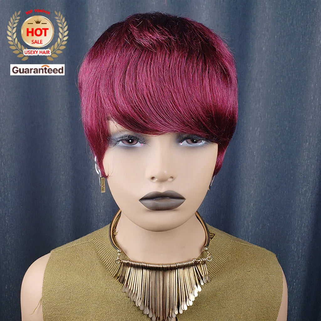Short Pixie Cut Bob Wigs with Bangs 99J Red Colored Layered Wigs Glueless Cheap Full Machine Made Real Hair Wig for Black Women