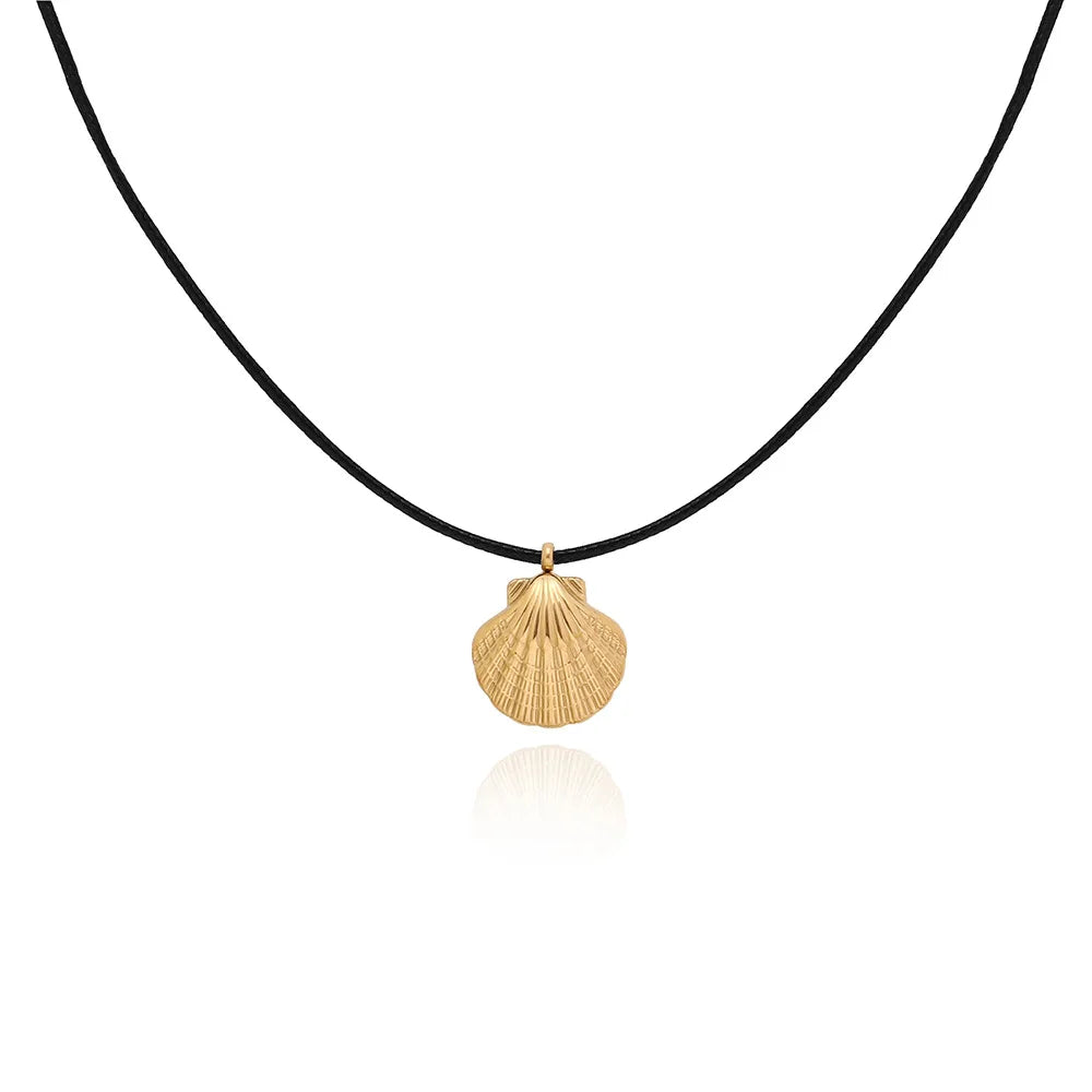 Joolim Jewelry Gold Plated Scallop Pendant Black Leather String  Adjustable Shell  Stainless Steel Necklace Jewelry Wholesale