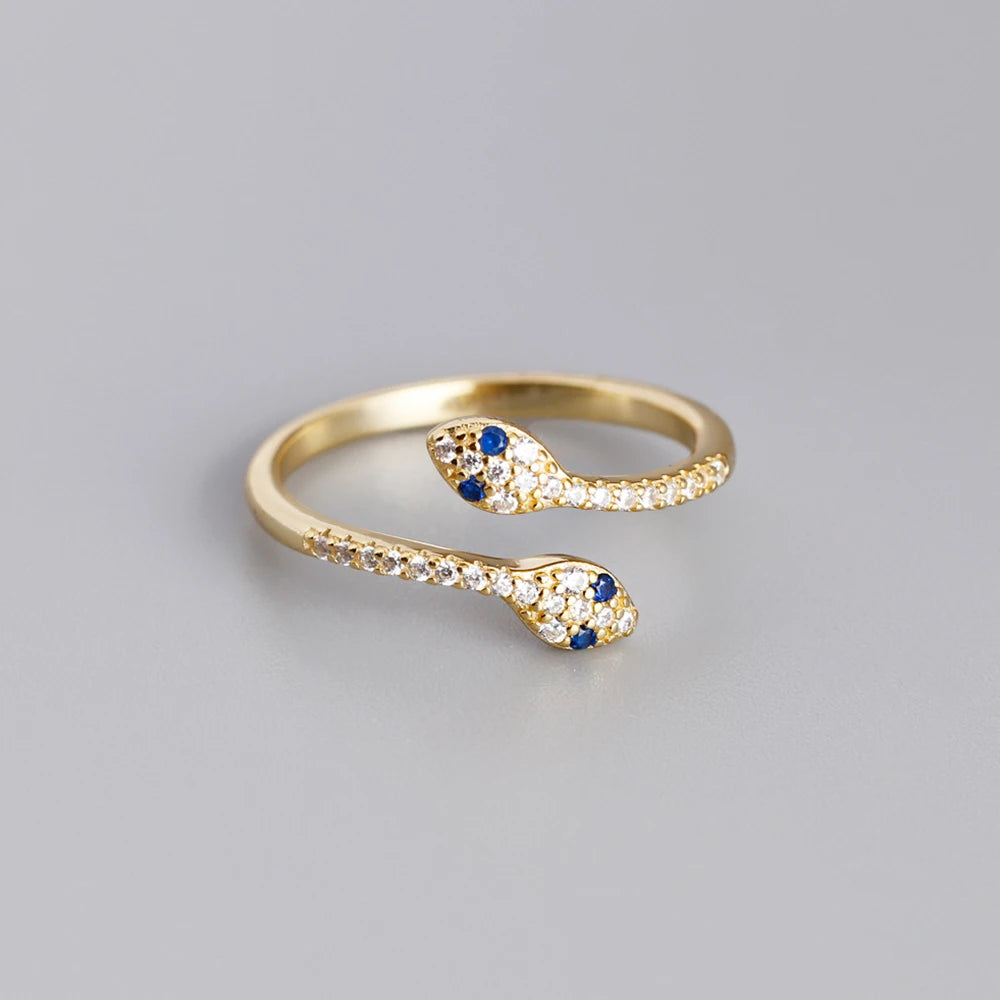 Gold Plated Snake Zodiac Animal Ring Women 925 Sterling Silver Adjustable Long Finger Open Cubic Zirconia Emerald Jewelry Rings