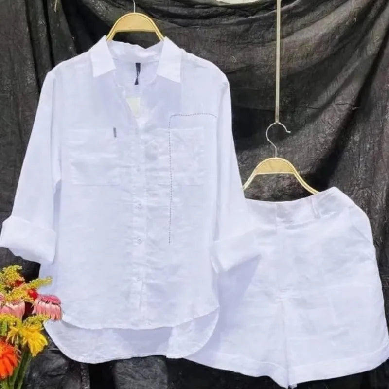 New Women's Casual Outfits Cotton Linen Solid Color Long Sleeve Shirt With Short Shorts Summer Two Piece Set Wholesale