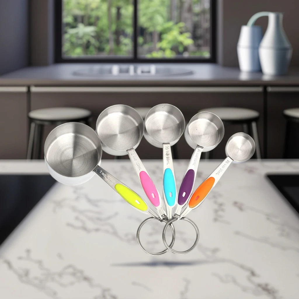 Ten-Piece Set of Stainless Steel Silicone Handle Measuring Cup and Spoon Cross-Border Baking Tool with 10-piece Set