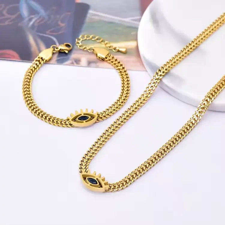 Fashion Stainless Steel Franco Chain Dark Blue Zircon Evileye Pendant Necklace Jewelry Gifts for Women