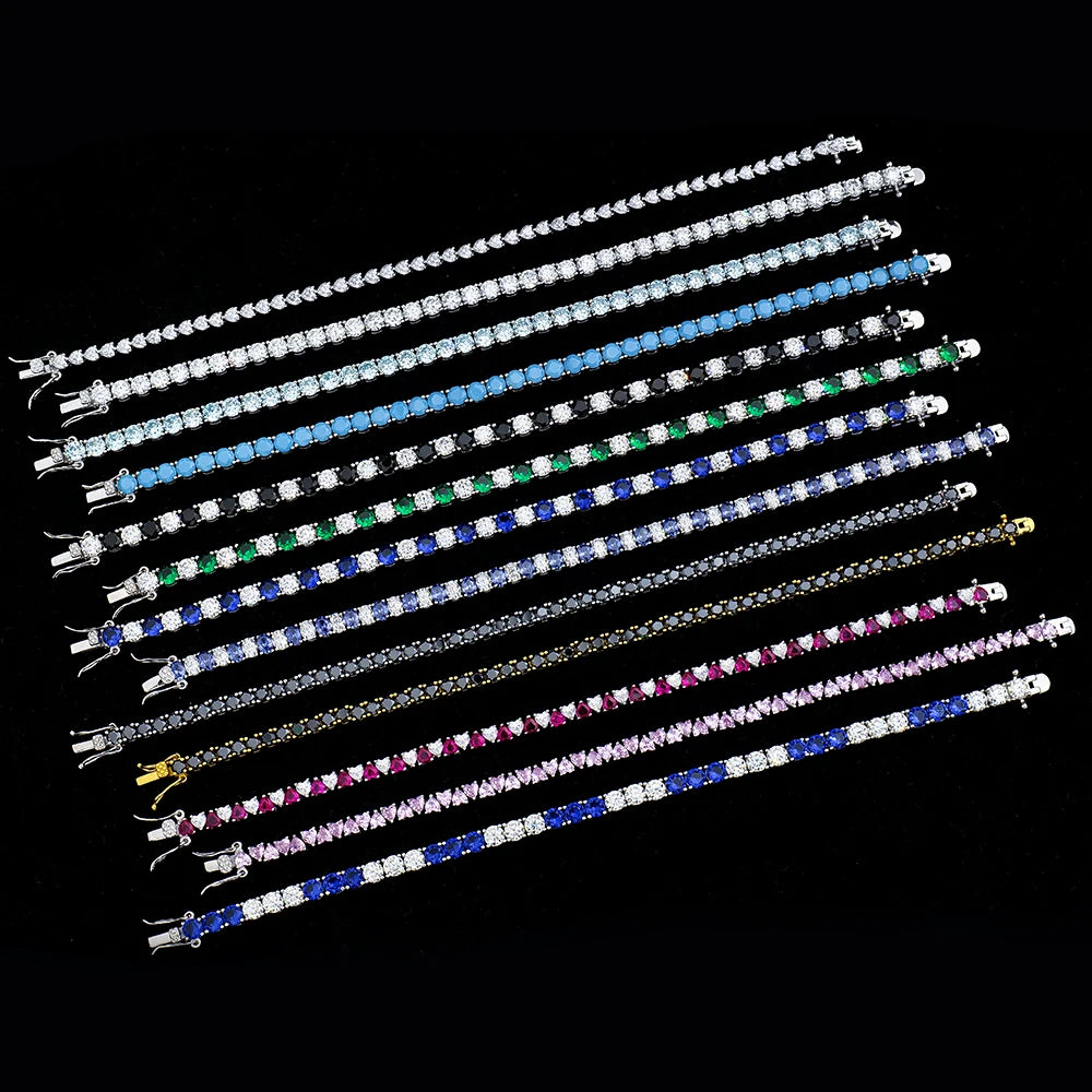 Wholesale Ladies Sterling S925 Silver Clustered pink Black Blue Gemstone Moissanite Chain Tennis Bracelet for Women Jewelry