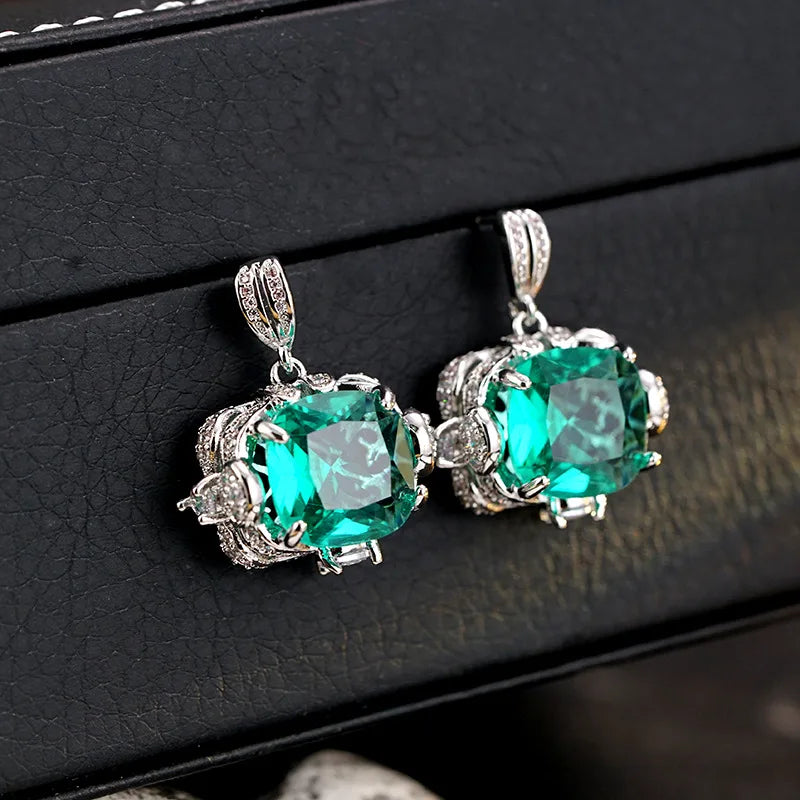 New Aquamarine Topaz Pendant Large Carat Fat square Color Treasure Earrings Personality Trend Everything Earrings and Necklaces