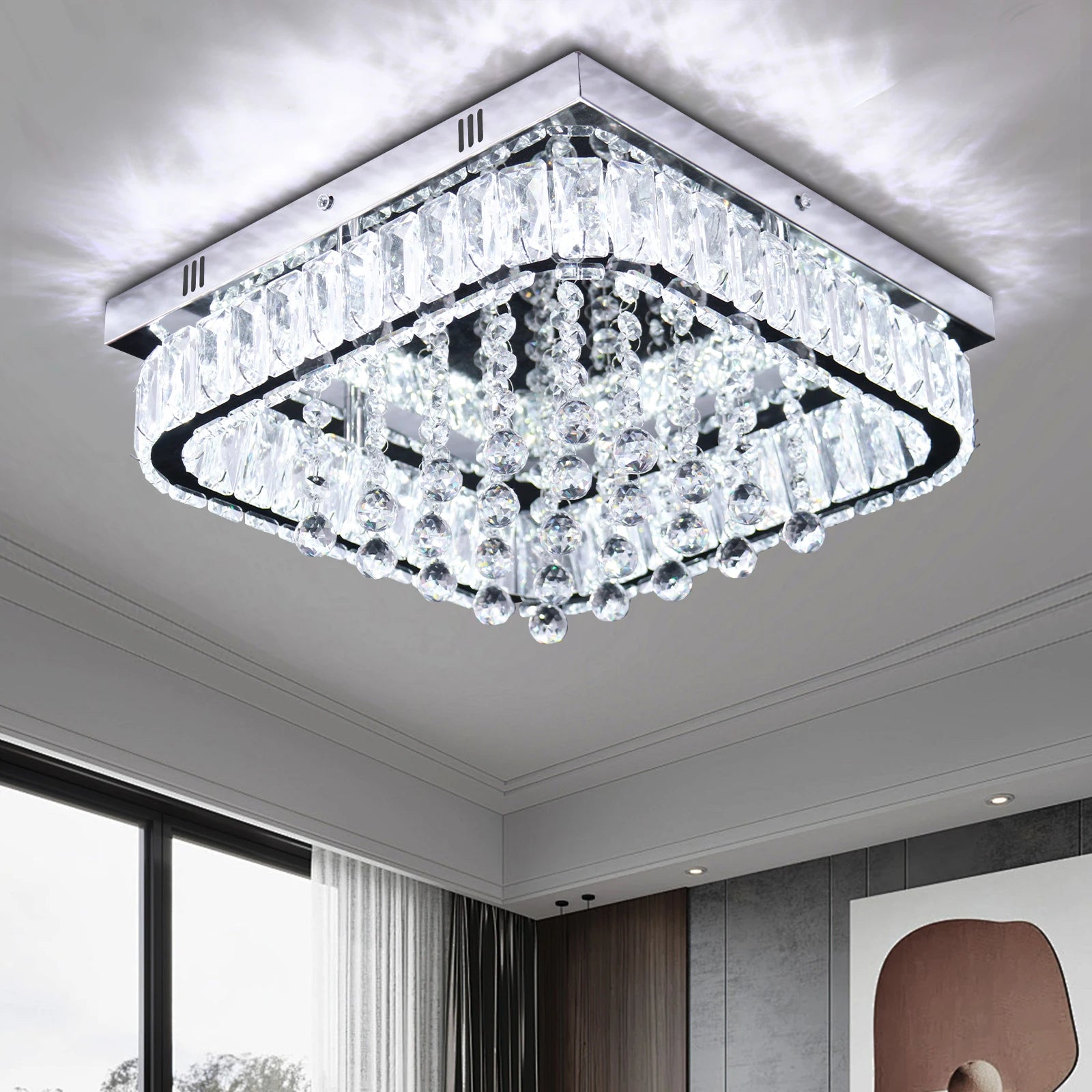 Modern LED Crystal Square Chandelier Cool White Flush Mount Ceiling Light for Kitchen Bathroom Living Room or Bedroom