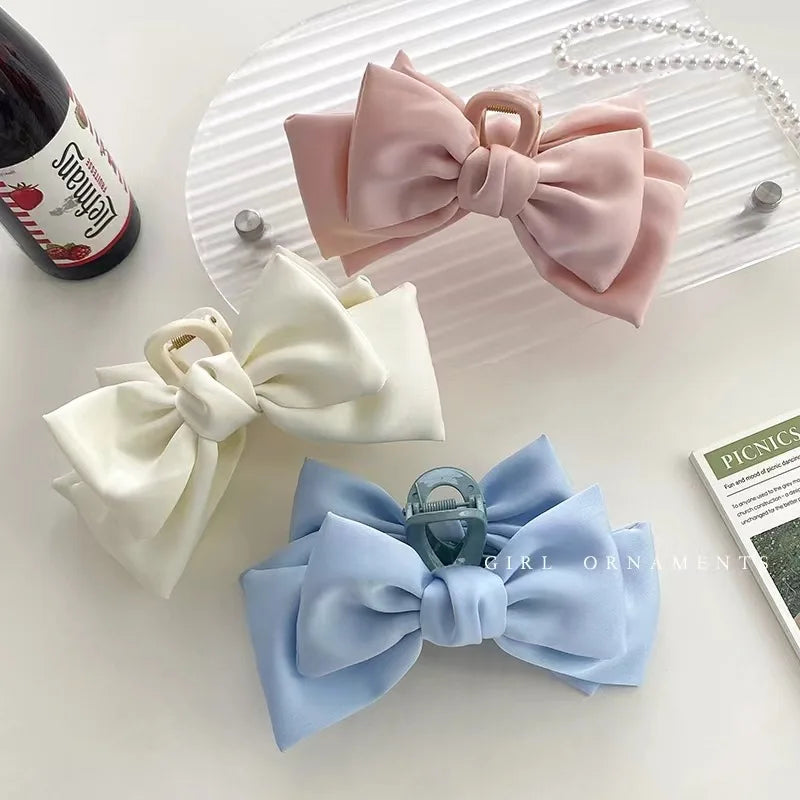 Elegant Women Satin Bow Hair Claws Grab Hair Clips Large Bowknot Shark Clip Ponytail Clips OL Ladies Hairgrips Hair Accessories