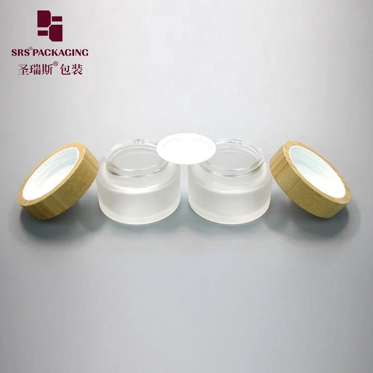 Bamboo Cap Skincare Body Lotion Cosmetic Packaging 50g Glass Empty Container Frosted Cream Jars