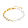 Light Luxury Stainless Steel Gold Plated Square Tennis Zircon Natural Freshwater Pearl Bracelet Bangles
