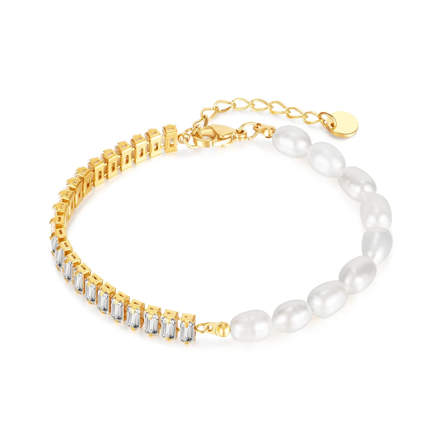 Light Luxury Stainless Steel Gold Plated Square Tennis Zircon Natural Freshwater Pearl Bracelet Bangles