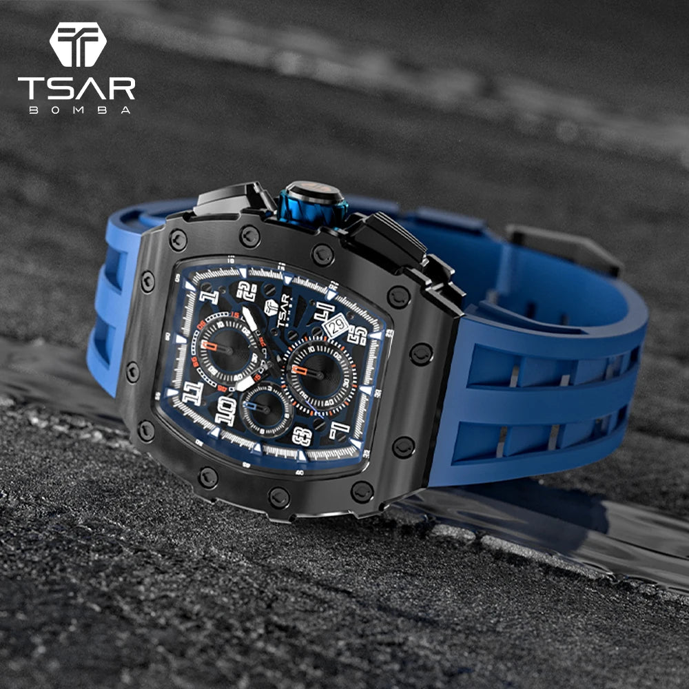 TSAR BOMBA Luxury Tonneau Stainless Steel Quartz Chronograph Water Resistant 5Bar Wrist Watch Men Sport/Fashion/Business Styles