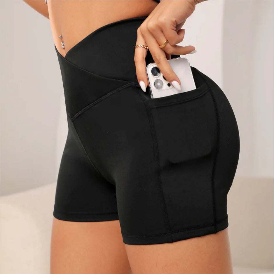 Custom logo V Cross Hight Waist Women Short Hotpants Yoga Shorts Hight Waisted Athletic Gym Workout Spandex Nylon Short Leggings