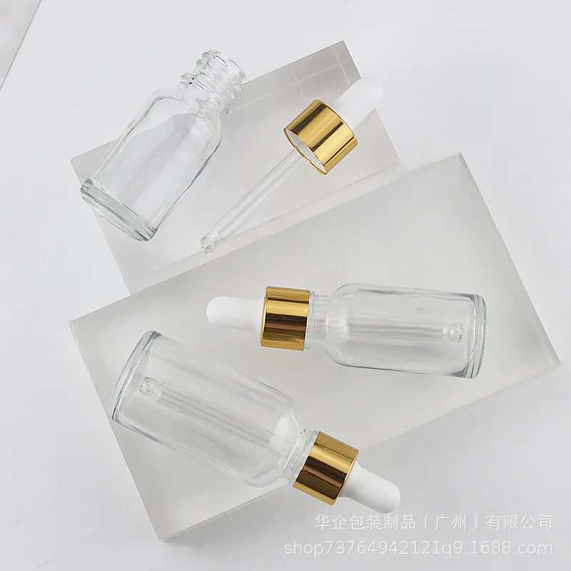 30ml Transparent Gold Circle Cap Essential Oil Dropper Glass Bottle Serum Bottle Cosmetics Liquid Packaging