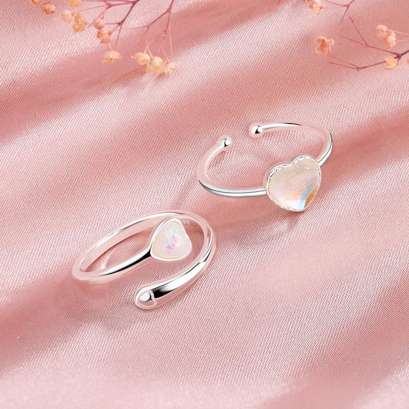 Fine Love Heart Shape Ring Open Adjustable Moonstone 925 Sterling Silver Ring for Ladies Engagement Jewelry