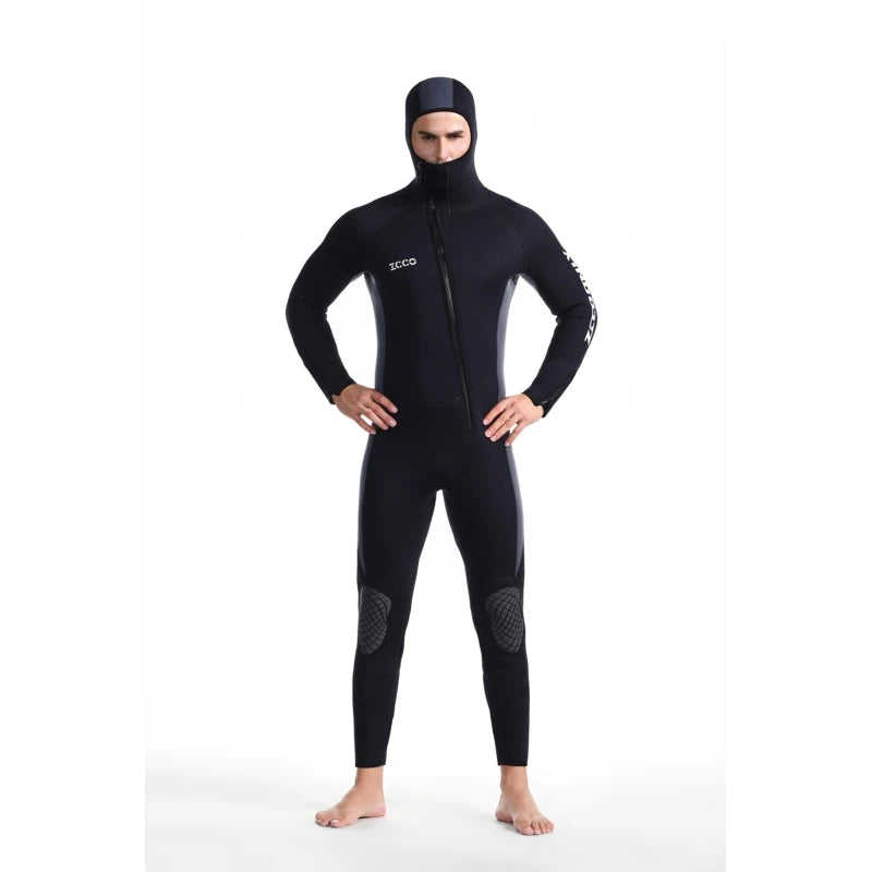 5mm Women Men One Piece Long Sleeve Hoodie Front Zip Long Free Diving Triathlon Neoprene Wetsuit