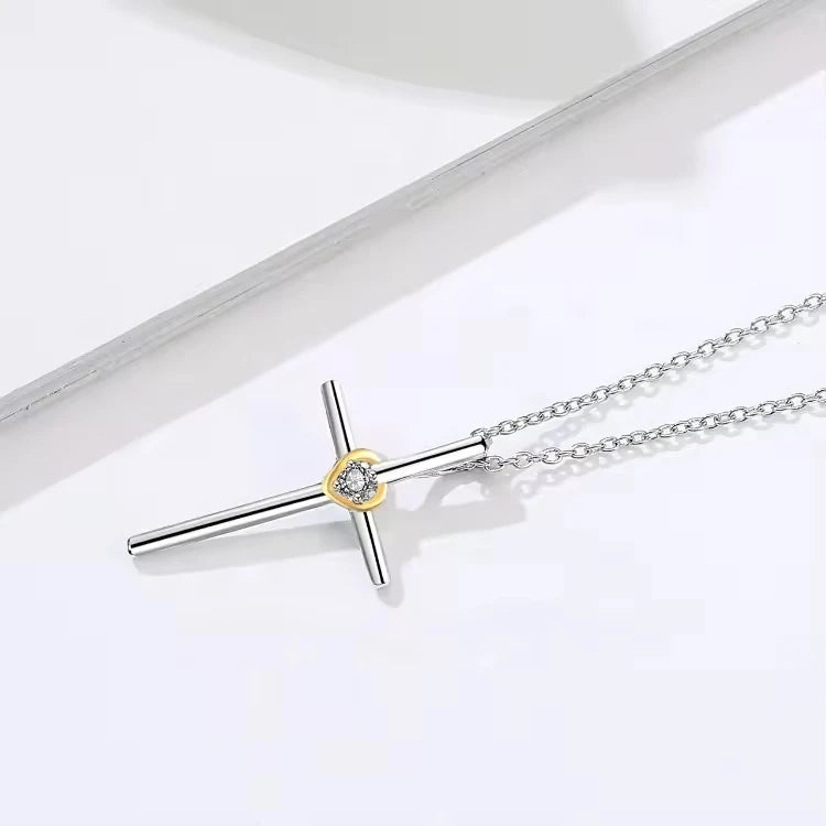Religious Jewelry 925 Sterling Silver 3A Zircon Two Tone Cross Pendant Necklace