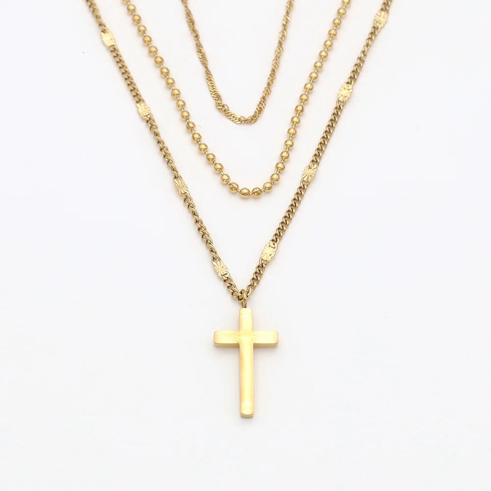 18K Gold Plated Beaded Chain Three Layered Cross Pendant Necklace Multilayer Stainless Steel Necklaces YF3336