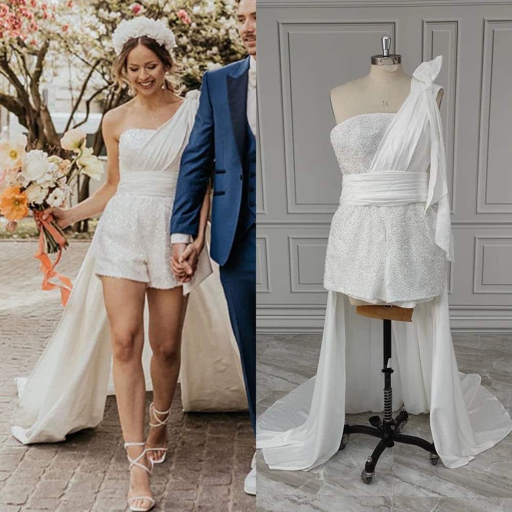 10344# Real Photos Shiny Detachable Train One Shoulder With Bow Wedding Dress Bridal Gown Sequins Backless Jumpsuit