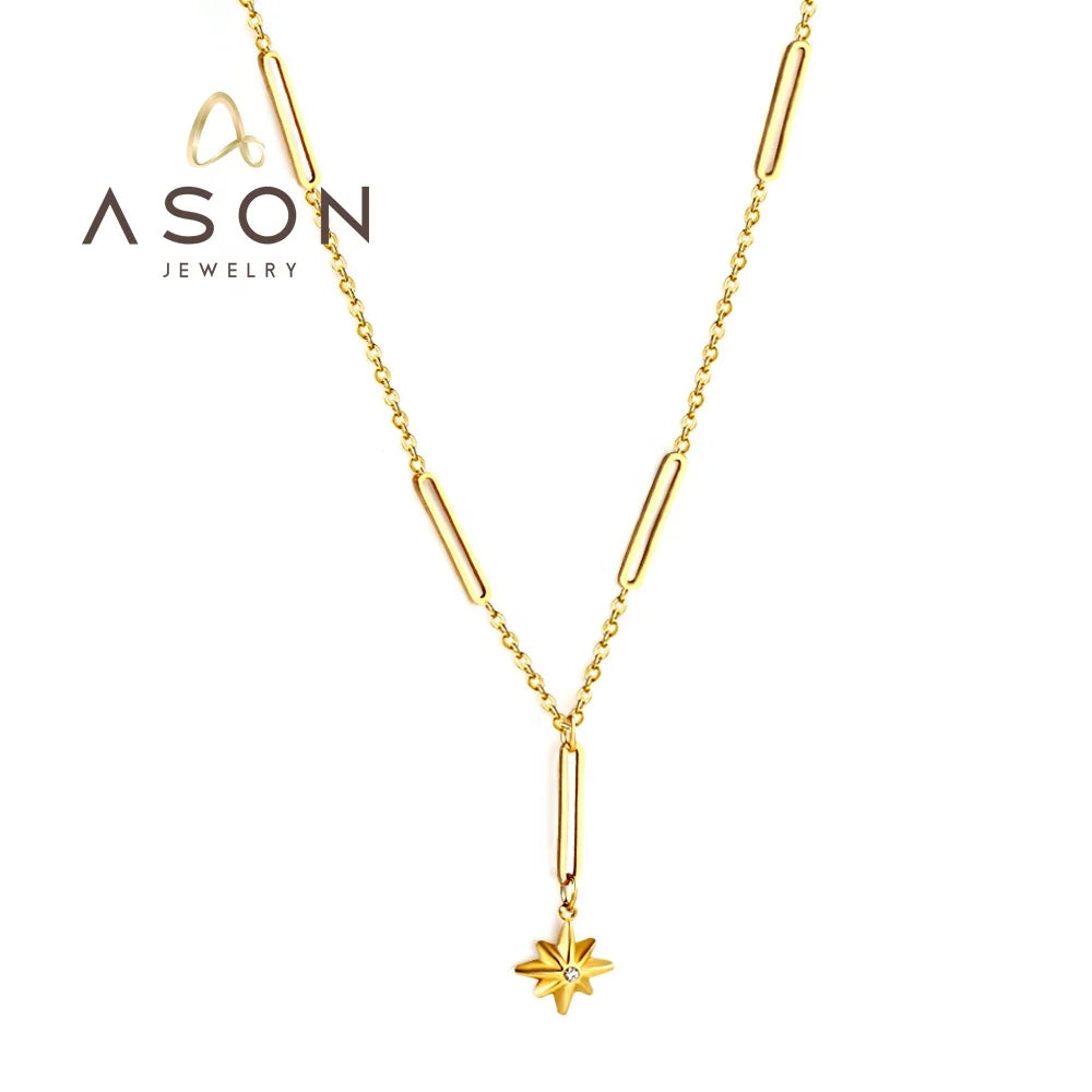Ason Fashion Stainless Steel 18k Gold Plated Long Chain Women Charm Necklace Jewelry Hexagram Star Pendant Necklace with Zircon MegaBDM