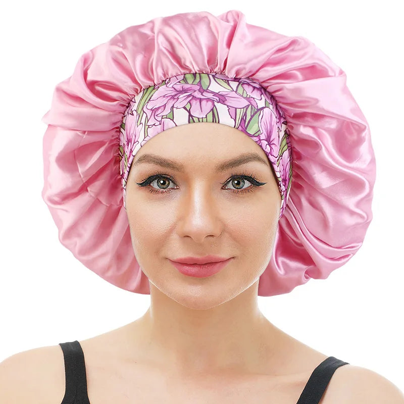 Large Size Flower Print Wide Band Women Satin Bonnet for Curly Hair Care Sleep Cap Salon Use Hair Bonnet