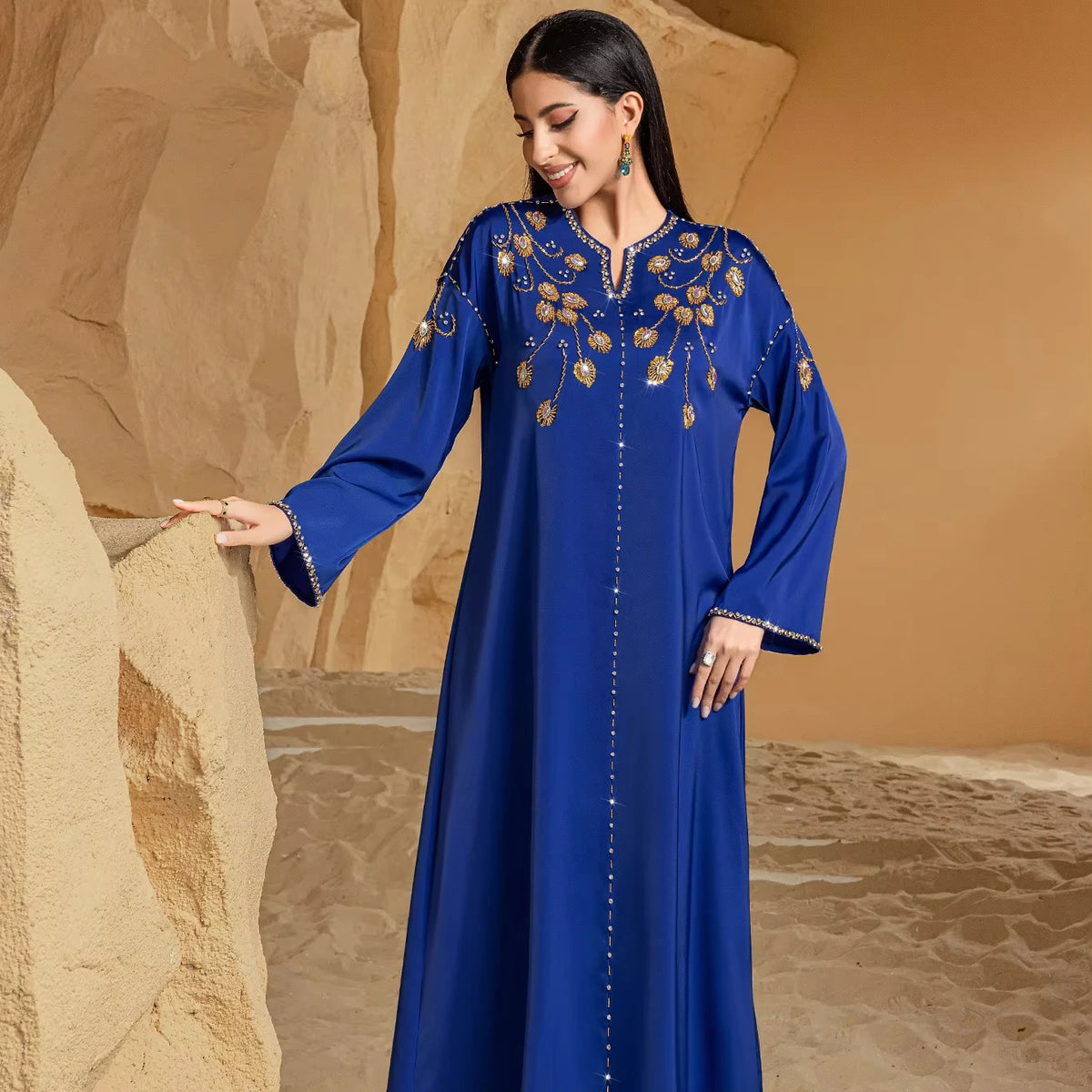 BA4115 Dubai Chest Beaded Design Luxury Hand-stitched Beaded Dress Bling Crystal Muslim Clothing Abaya Dresses MegaBDM