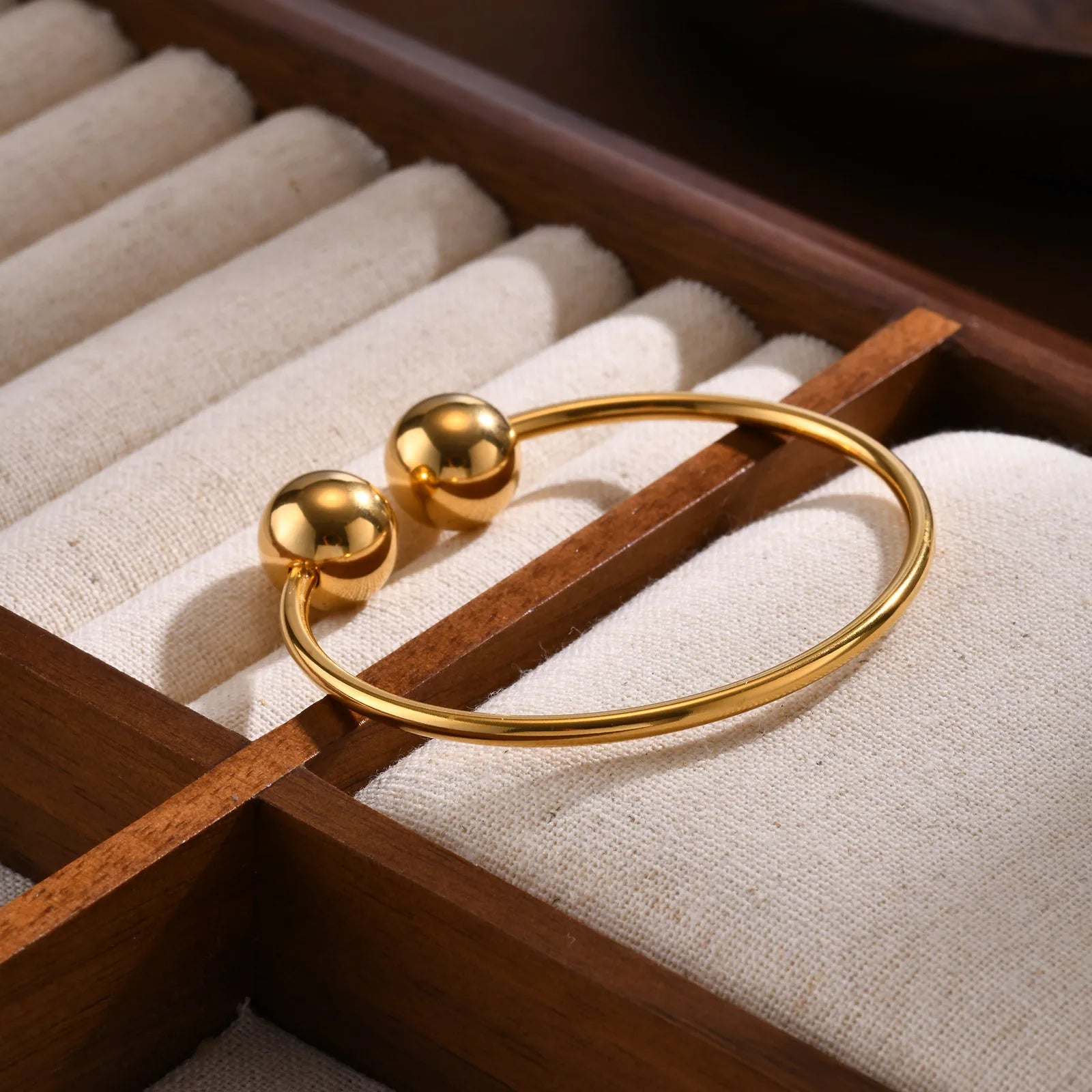 Fashion Stainless Steel Ball Cuff Bracelet Bangle Hypoallergenic Jewelry 18k Gold Plated Waterproof Double Beads Open Bangle