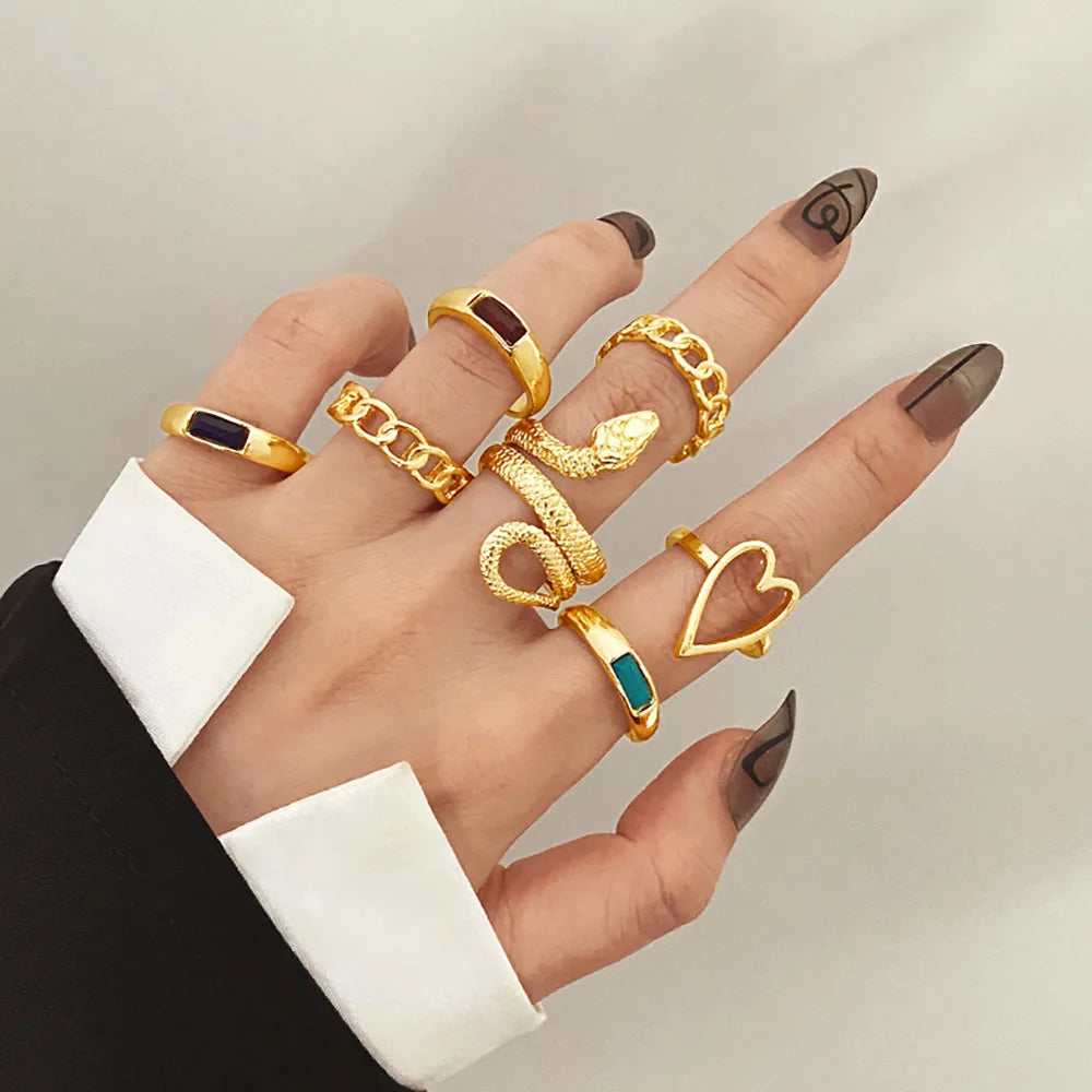 European American Retro Ethnic Style Knuckle Set Ring  Exaggerated Geometric Gemstone Combination Mid Rings Set for Women