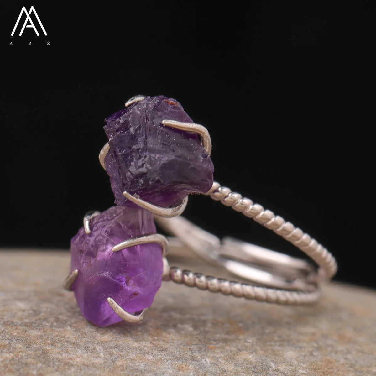 Healing Crystal Quartz Raw Rock Stone Beads Silver Ring Trendy Jewelry Fashion Gifts