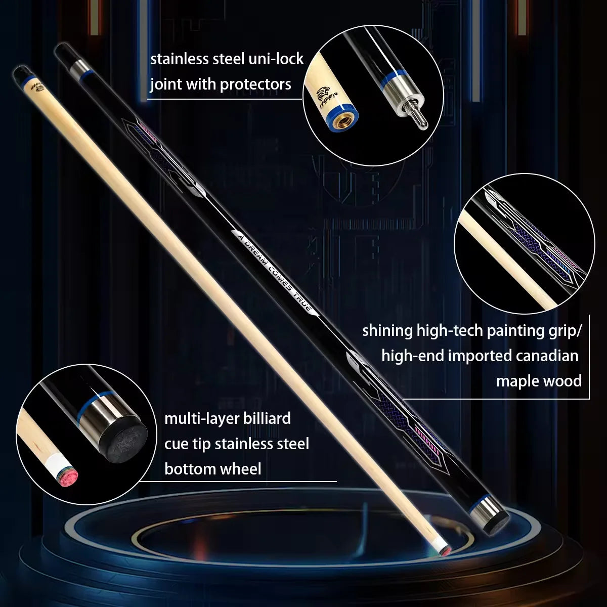High End Canadian Maple Wood 58" 13mm Tip 1/2 Jointed Billiard Pool Cue