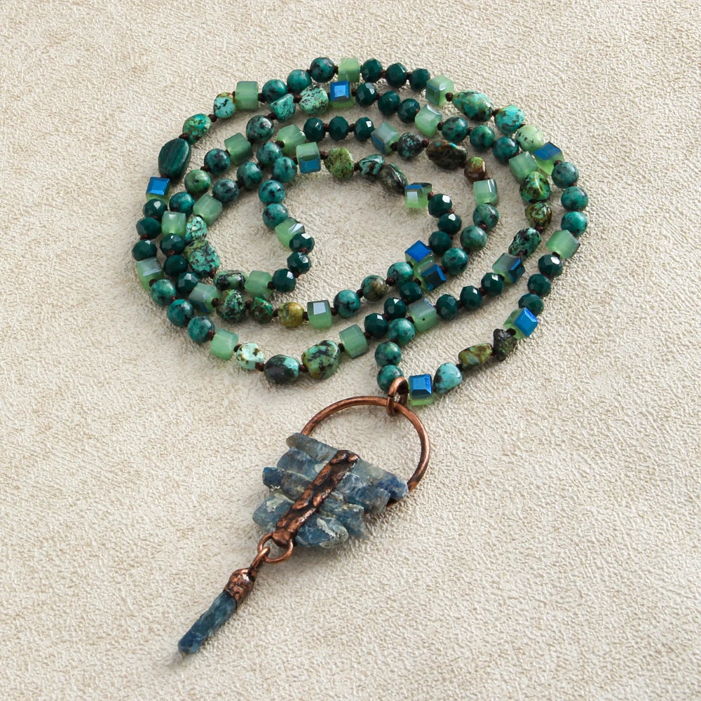 Women Bohemian Jewelry 6mm Natural Gemstone Crystal Glass African Turquoise Natural Irregular Stone Druzy Pendant Necklace
