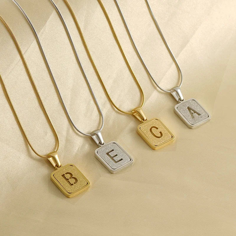 Fashion Rectangle Tag 18K Gold Plated Stainless Steel Hollow Initial Letter Necklace