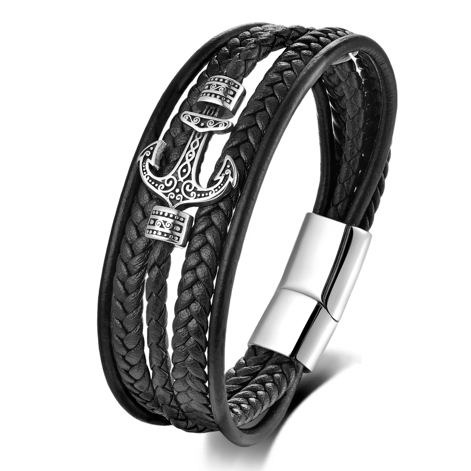 Wholesale Fashion Genuine Leather Bracelet for Men Stainless Steel Anchor Marine Bracelet Fashionable Jewelry for Men