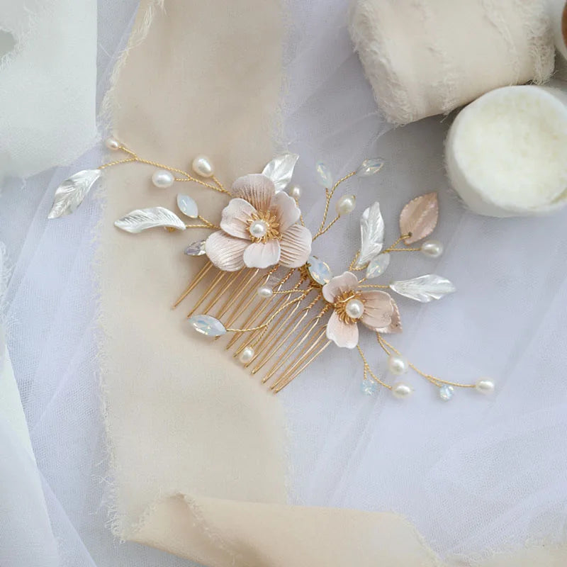 SLBRIDAL Handmade Rhinestone Crystal Freshwater Pearls Flower Bridal Hair Comb Hair Pin Set Wedding Hair Accessory Women Jewelry