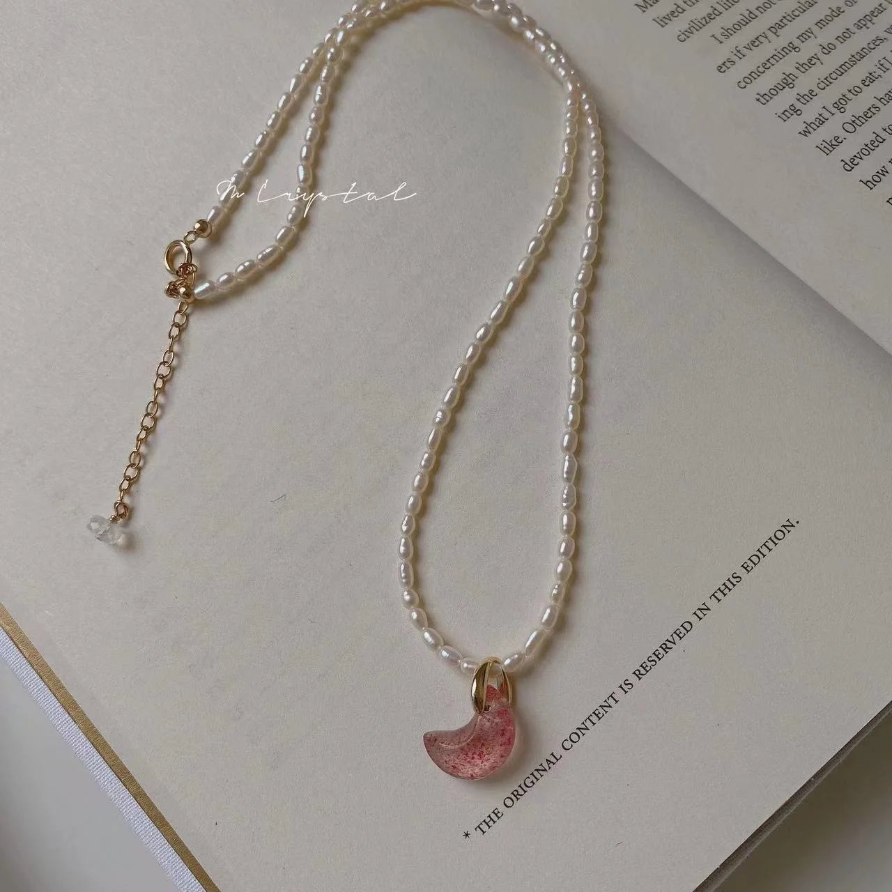 Natural Pearl Strawberry Quartz Moon Necklace Choker Initial Hand Made Healing Crystal Accessory Jewelry