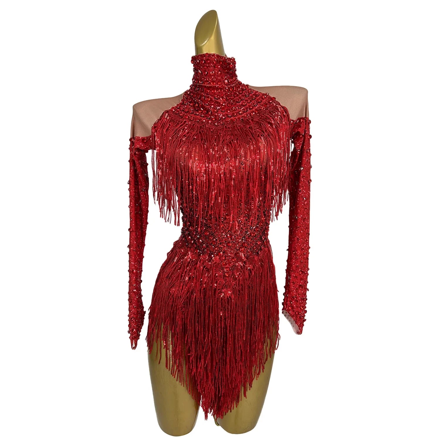 Red Tassel Rhinestone Jumpsuit Cheerleaders Romper Las Vegas Show Festival Outfit Dance Leotard Women Stage Performance Bodysuit