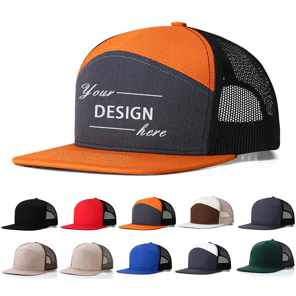 Custom Men's Cotton Mesh Snapback Trucker Hat 7 Panel Flat Bill Cap for Fishing Hip Hop Cycling Party Outdoor Performance