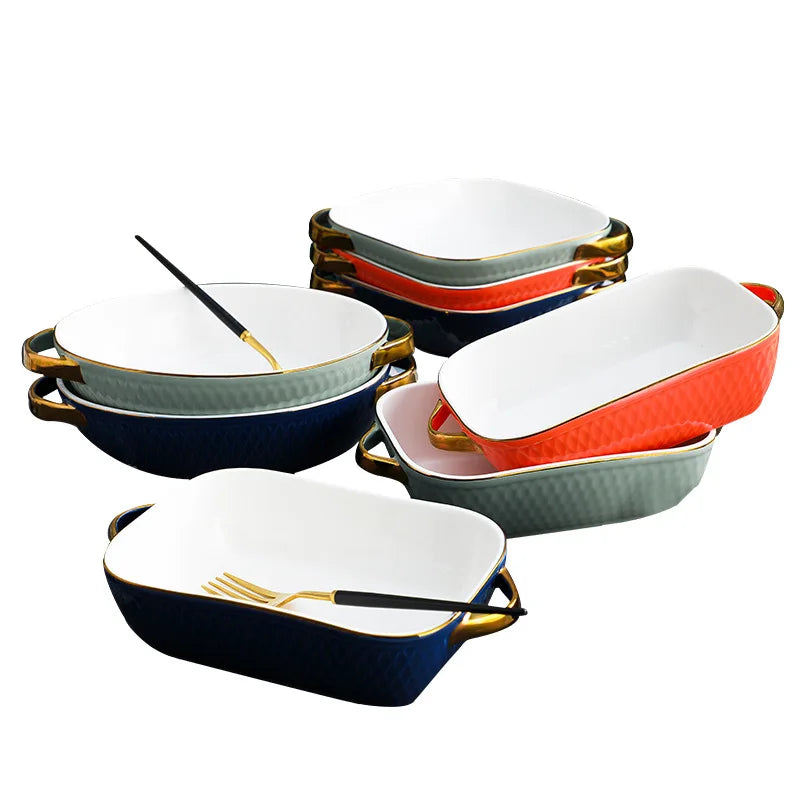 Nordic High End Rectangle Oval Restaurant Home Microwave Safe Ceramic Binaural Baking Plate with Gold Rim
