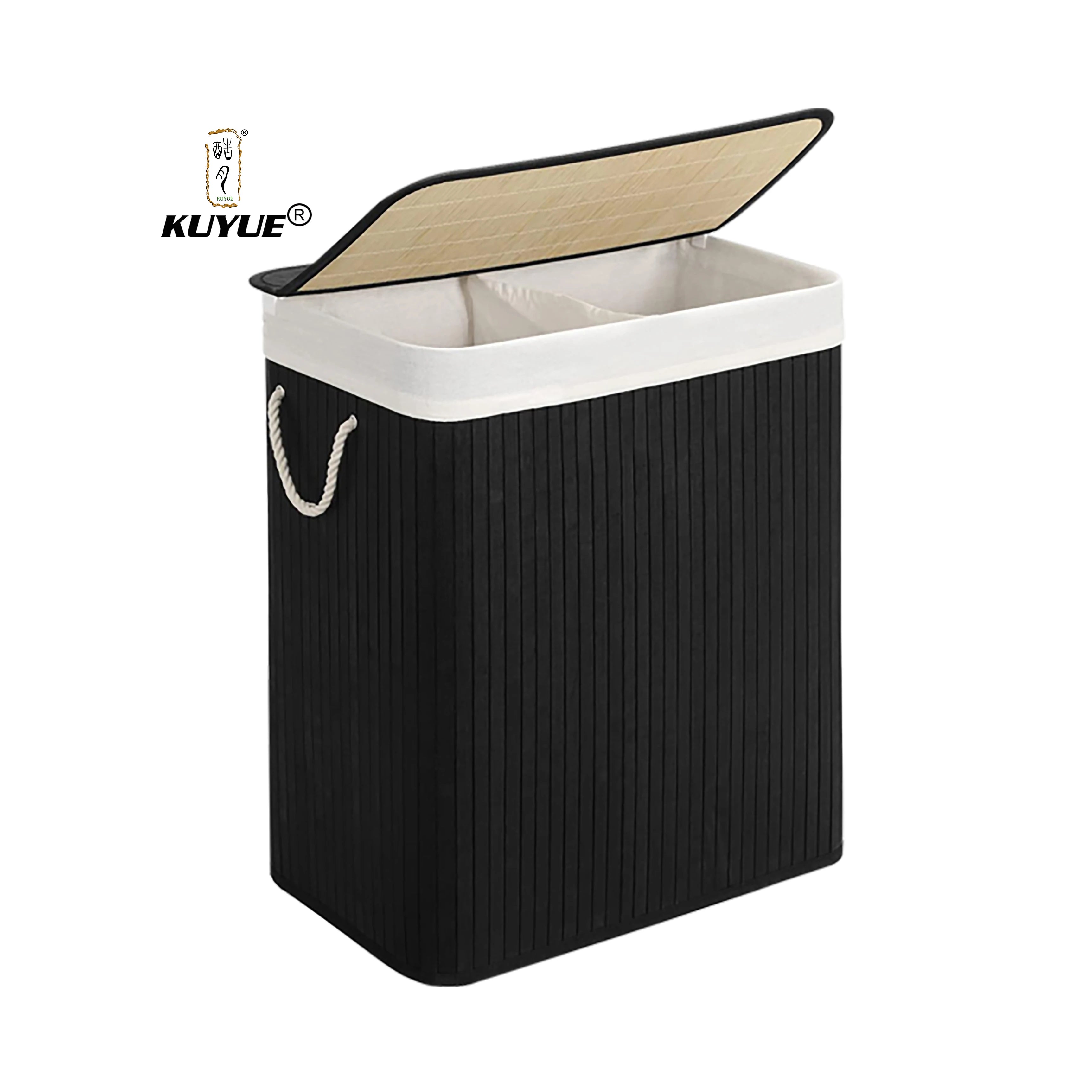 KUYUE Laundry Hamper 2-Section Laundry Basket Laundry Hamper with Lid Bamboo Foldable Removable and Machine Washable Liner