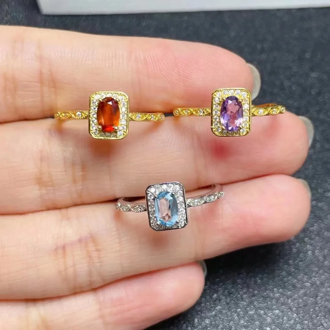 Factory Wholesale Classic Engagement 925 Sterling Silver Gold Plating Natural Amethyst and Aquamarine Prong Setting Women's Ring