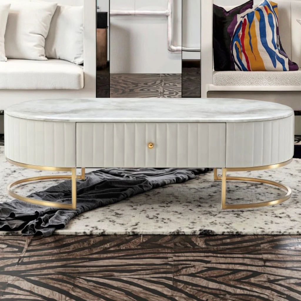 Hot Sale Custom High End Italian Luxury Living Room Furniture Gold Stainless Steel Artificial Marble Pu Coffee Table