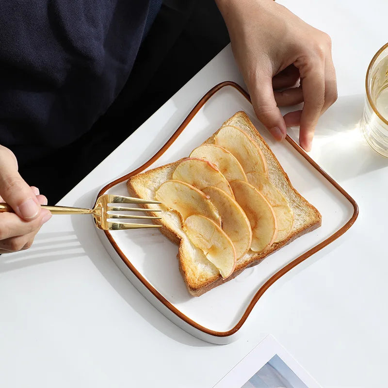 Ceramic Cute White Toast Bread Shaped Dessert Salad Serving Plates 4 Pack - Porcelain Breakfast Dishes Toast Holder